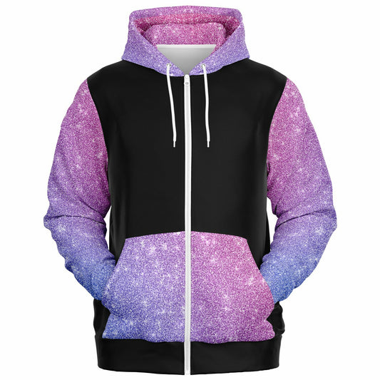 Black, purple and pink sparkle sleeves Fashion Zip-Up Hoodie -